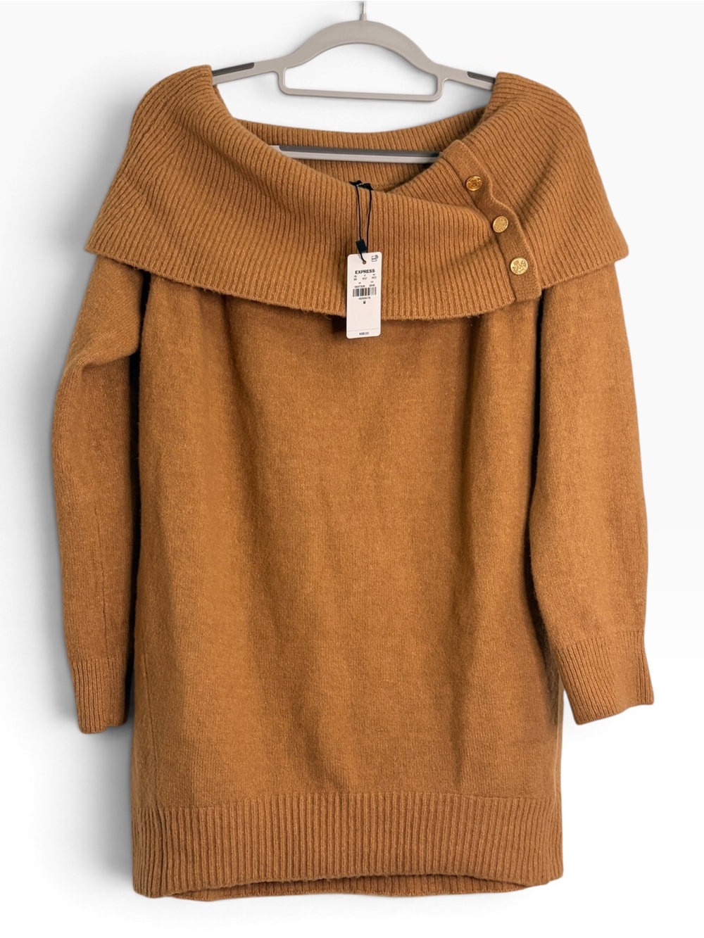 NWT Express Off-the-Shoulder Sweater Dress in Camel Brown